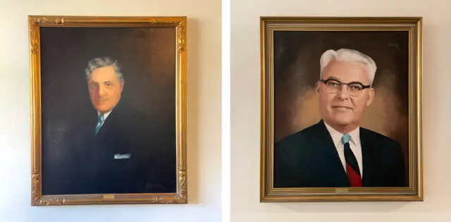 portraits of samuel high and gilbert high sr that hang in the halls of high swartz law office in norristown pa