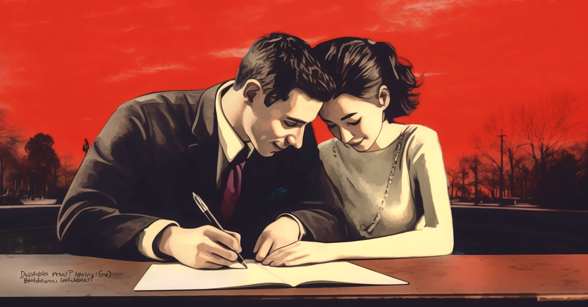 man and woman sitting and writing a prenup